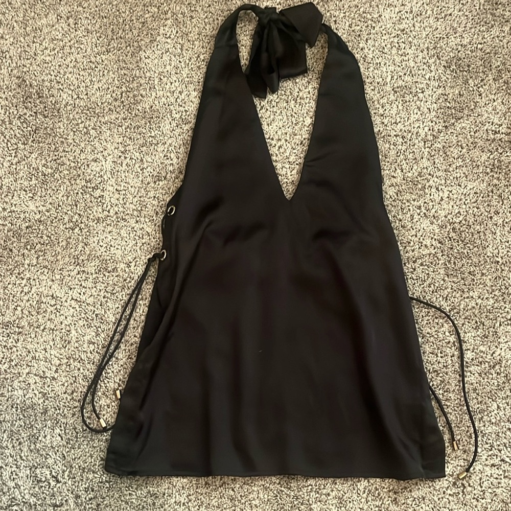Sabo skirt, size small, black silky halter top with tie detailing on the sides